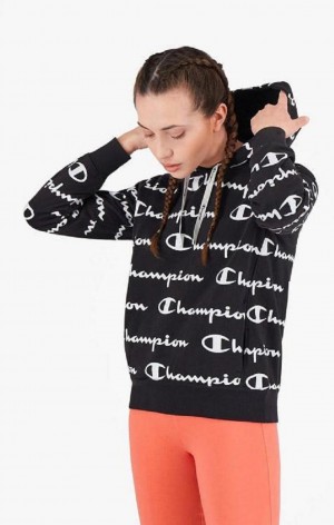 Champion All-Over Script Logo Hoodie Női Kapucnis Pulóver Fekete | 3194-ZFHJE