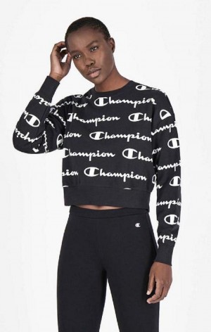 Champion All-over Script Logo Sweatshirt Női Pulóverek Fekete | 1375-VNIDC