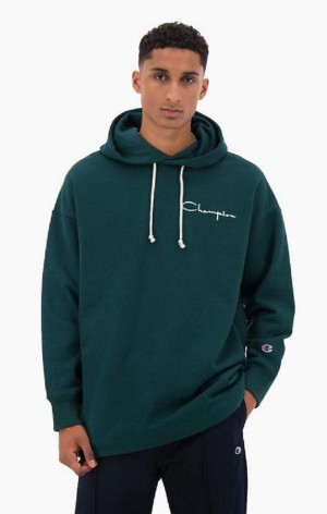 Champion Archive Script Logo Pamut Jersey Hoodie Férfi Kapucnis Pulóver Türkiz Kék | 0328-KFPAW