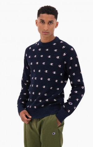 Champion C Logo Jacquard PiquÈ Sweatshirt Férfi Pulóverek Sötétkék | 9065-PSQYI