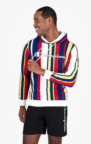 Champion Candy Stripe Script Logo Hoodie Férfi Kapucnis Pulóver Fehér Piros Kék | 9754-XJFGV