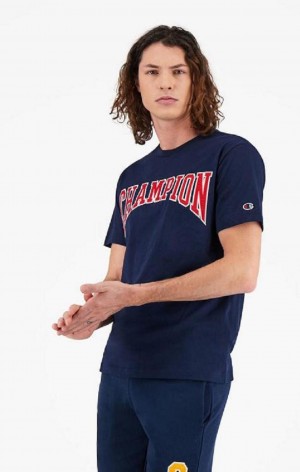 Champion Collegiate Logo T-Shirt Férfi Póló Sötéttürkiz | 4371-SVHUL