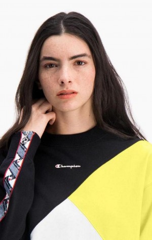 Champion Colour Block Logo Tape Sweatshirt Női Pulóverek Fekete Fehér | 7493-NUQXP