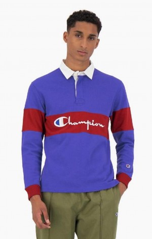 Champion Colour Block Pamut Jersey Polo Shirt Férfi Póló Kék | 9065-AOPSD