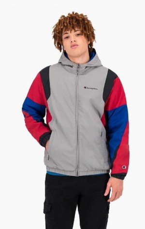 Champion Colour Block Script Logo Hoodie Férfi Kapucnis Pulóver Sötétszürke | 2938-MZJLH