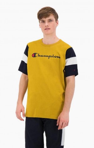 Champion Colour Block Script Logo T-Shirt Férfi Póló Arany | 3810-LHUWZ