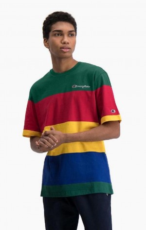 Champion Colour Block Stripe T-Shirt Férfi Póló Zöld Piros Sárga | 0562-KFQYO