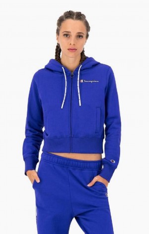 Champion Cropped Zip-Up Csuklyás Sweatshirt Női Kapucnis Pulóver Kék | 1086-MAQRH