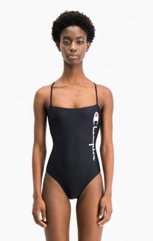 Champion Cross Back Large Script Logo Swimsuit Női Fürdőruha Fekete | 5241-BKWLM