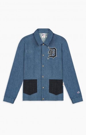 Champion Detroit MLB Denim Coach Jacket Férfi Kabát Sötétkék | 6918-OPMTS