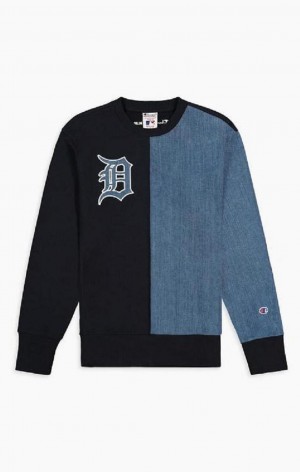 Champion Detroit MLB Denim + Reverse Weave Sweatshirt Férfi Pulóverek Sötétkék | 8590-CHFSB