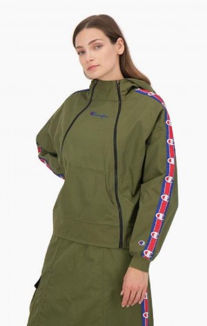 Champion Double Zip Logo Tape Utility Csuklyás Jacket Női Kapucnis Pulóver Olivazöld Zöld | 8964-JPEBG