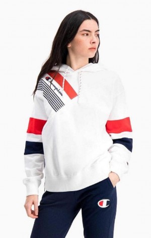 Champion Grafika Stripe And Colour Block Hoodie Női Kapucnis Pulóver Fehér | 0294-YKTPX