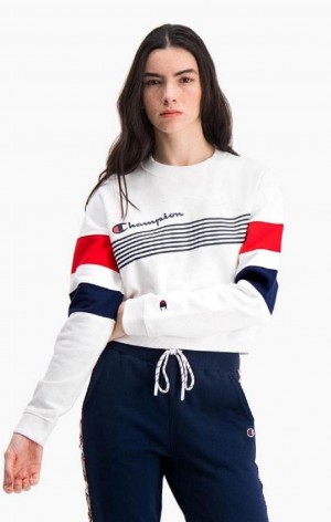 Champion Grafika Stripe And Colour Block Cropped Sweatshirt Női Pulóverek Fehér | 9742-KMWPA