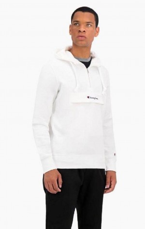 Champion Half Zip-Up Flap Pocket Fleece Hoodie Férfi Kapucnis Pulóver Fehér | 2615-NMXLR