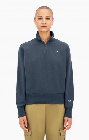 Champion Half Zip-Up Reverse Weave Cropped Sweatshirt Női Pulóverek Sötéttürkiz | 2973-DWJOG