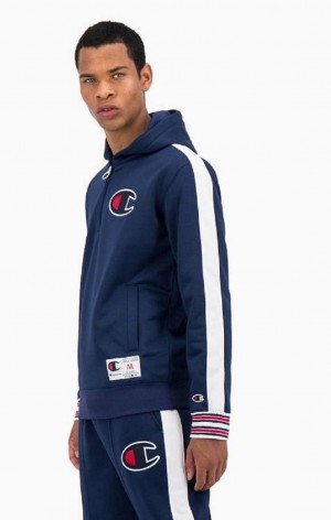 Champion Half Zip-Up Stripe Sleeve Basketball Sweatshirt Férfi Kapucnis Pulóver Kék | 6291-EDRXJ