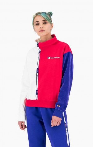 Champion High Neck Colour Block Retro Sweatshirt Női Pulóverek Piros Fehér | 7821-TECDJ