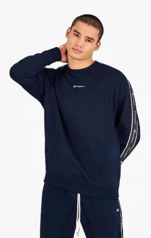 Champion Jacquard Logo Tape Sweatshirt Férfi Pulóverek Sötétkék | 1479-GRWMP