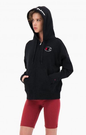 Champion Logo Pamut Terry Hoodie Női Kapucnis Pulóver Fekete | 0354-HMNDU