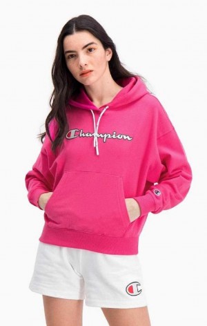 Champion Logo Pamut Terry Hoodie Női Kapucnis Pulóver Sötétrózsaszín | 7209-DVECF