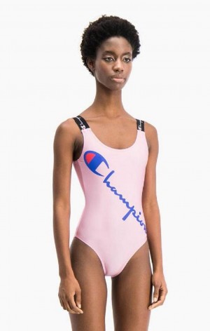 Champion Logo Straps Diagonal Script Logo Swimsuit Női Fürdőruha Rózsaszín | 2189-WGCHU