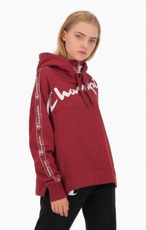 Champion Logo Tape High Neck Script Logo Hoodie Női Kapucnis Pulóver Piros | 3241-VWROY