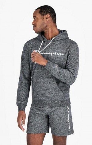 Champion Mesh Effect Script Logo Hoodie Férfi Kapucnis Pulóver Sötétszürke | 9472-DRAFU