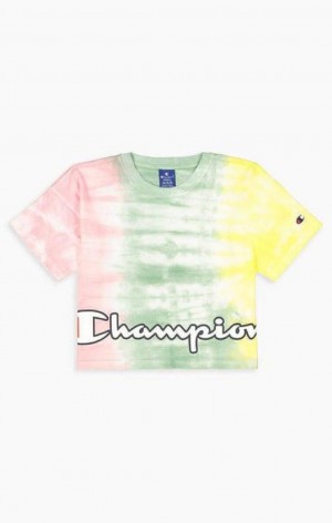 Champion Pastel Tie Dye Cropped Script Logo T-Shirt Női Póló Rózsaszín Zöld | 7918-KJMFA