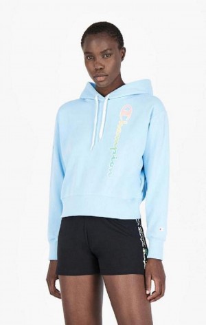 Champion Rainbow Script Logo Hoodie Női Kapucnis Pulóver Világos Kék | 2148-TMHIE