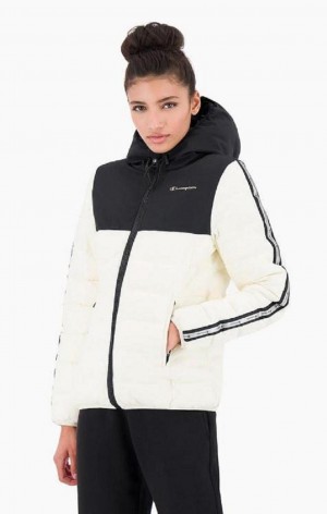 Champion Reflective Logo Párnázott Csuklyás Jacket Női Kabát Fehér Fekete | 9681-GFQRN