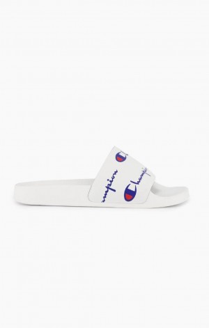 Champion Repeat Script Logo Print Pool Slides Női Papucs Fehér | 5328-NSXEP