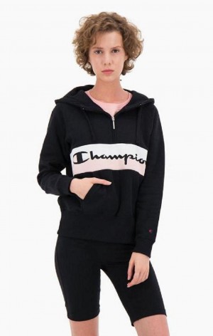 Champion Rib Insert Script Logo Half Zip-Up Hoodie Női Kapucnis Pulóver Fekete | 2436-DRBQX