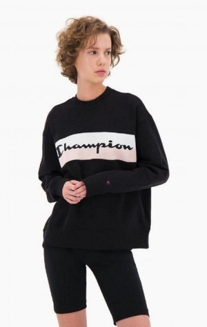 Champion Rib Insert Script Logo Pamut Terry Sweatshirt Női Pulóverek Fekete | 8679-AGMKL