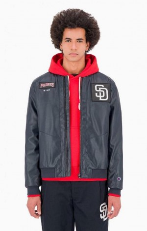 Champion San Diego MLB Fake Bőr Bomber Jacket Férfi Kabát Sötétkék | 7306-XUKRH