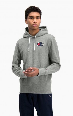 Champion Satin C Logo Pamut Terry Hoodie Férfi Kapucnis Pulóver Sötétszürke | 8654-UCKRI