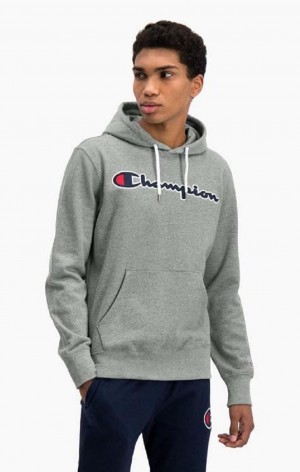 Champion Satin Script Logo Pamut Terry Hoodie Férfi Kapucnis Pulóver Sötétszürke | 6180-CDPFG