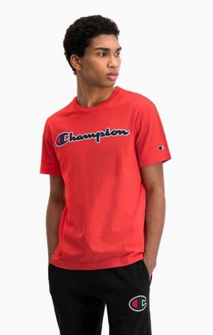 Champion Satin Script Logo T-Shirt Férfi Póló Piros | 3410-NSMDY