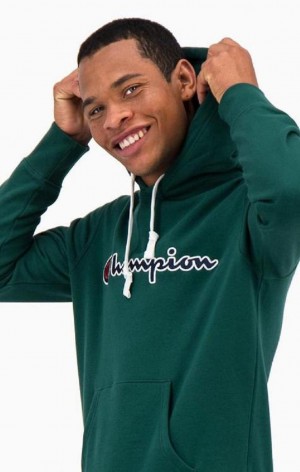 Champion Satin Stitch Script Logo Fleece Hoodie Férfi Kapucnis Pulóver Világos Zöld | 2037-NKYCO