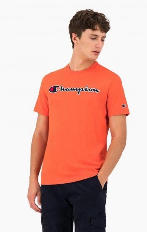 Champion Satin Stitch Script Logo T-Shirt Férfi Póló Piros | 1754-ZXDMA