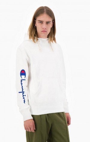 Champion Script Logo Arm Reverse Weave Hoodie Férfi Kapucnis Pulóver Fehér | 3658-RXNHB