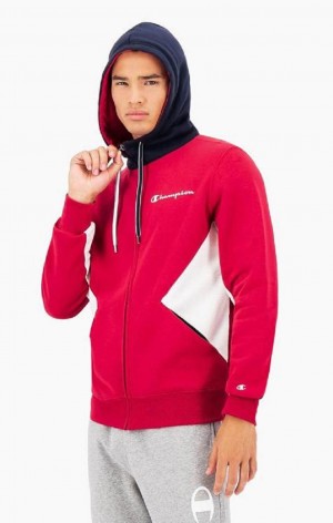 Champion Script Logo Colour Block Fleece Zip-Up Hoodie Férfi Kapucnis Pulóver Piros | 0198-MGPKU