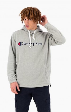 Champion Script Logo Polartech Fleece Hoodie Férfi Kapucnis Pulóver Világos Szürke | 4720-HXGSV