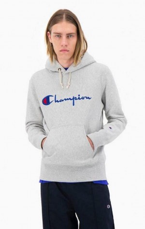 Champion Script Logo Reverse Weave Hoodie Férfi Kapucnis Pulóver Világos Szürke | 5287-YJZKI