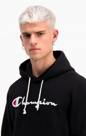 Champion Script Logo Reverse Weave Hoodie Férfi Kapucnis Pulóver Fekete | 0381-FZJKA