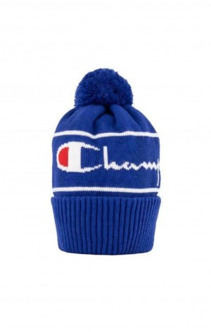 Champion Script Logo Stripe Bobble Beanie Hat Női Kalap Kék | 9078-ZLBYG