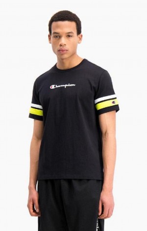 Champion Stripe Detail Script Logo T-Shirt Férfi Póló Kék | 1256-HYJTL