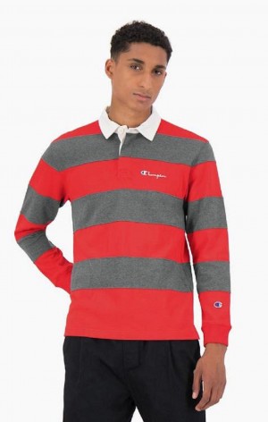 Champion Stripe Pamut Jersey Polo Shirt Férfi Póló Piros | 4325-TOXJQ