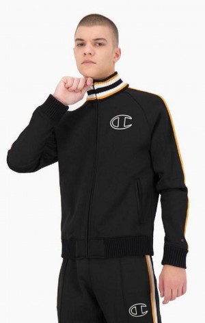 Champion Stripe Sleeve Zip-Up Fleece Jacket Férfi Kabát Fekete | 1593-UHNDJ