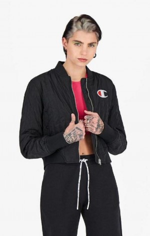 Champion Textured Cropped Bomber Jacket Női Kabát Fekete | 5418-WYPQV